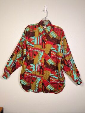 FaithSouthwestern Geometric Print Beaded Button Front Blouse Rayon Size Small